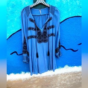 Free People Wind Willow Long Sleeve Tunic Dress with Slip Light Blue Small